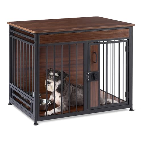 Amazon Basics Furniture Style Dog Crate, Sturdy Wooden Pet Kennel, End Table with Space for Pet, Two Bowls Included, 30' x 20.4' x 23.6', Walnut