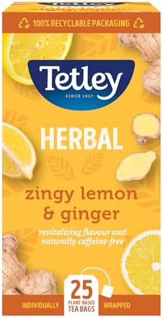 Tetley Zingy Lemon & Ginger Herbal Tea Bags - Naturally Caffeine-Free - Perfectly Balanced Citrus & Spice Infusion - Ideal for Relaxation - Rainforest Alliance Certified - 25 Teabags (1 Pack)