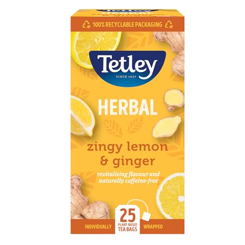 Tetley Zingy Lemon & Ginger Herbal Tea Bags - Naturally Caffeine-Free - Perfectly Balanced Citrus & Spice Infusion - Ideal for Relaxation - Rainforest Alliance Certified - 25 Teabags (1 Pack)