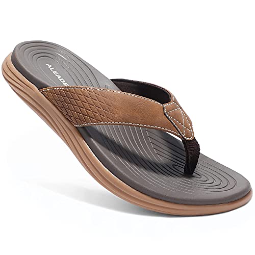 ALEADER Casual Flip Flops for Men Indoor & Outdoor, Summer Beach Thong Sandals Leather Waterproof Slide Sandals, Dark Brown 11 US