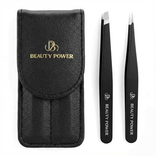 Beauty Power Precision Tweezers for Women Facial Hair & Men - Professional Tweezers Set with Slant & Point Tips, German Stainless Steel, PU Leather Travel Case, Lightweight & Ultra Precision Black