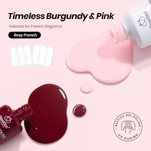 Image of Beetles Burgundy Gel Polish Set, Rosy French 15ml Easy French Tips Kit | Burgundy Jelly Nude Pink Fall Colors Polish with French Nail Stickers Soak Off Uv Gel Manicure Nail Art Design