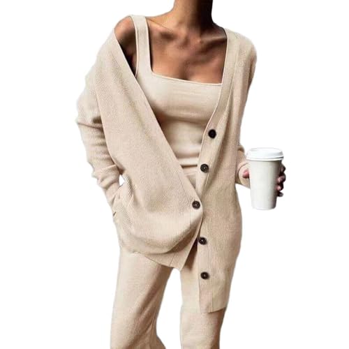 Ensemble 3 pièces en tricot femme cardigan manches longues haut sans manches pantalon M
