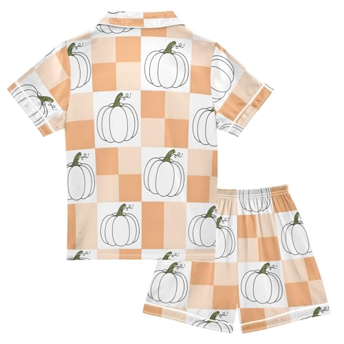 Satin Pajama Sets Short Sleeve Pumpkin Pattern on Orange Button Down Silky Nightwear 2 Piece PJS 5-14Y2