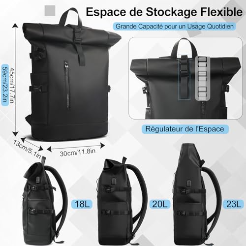 Sac à dos roll-top extensible hk 27L avec port de charge USB