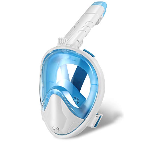 Zerhunt Tauchmaske,Panorama Schnorchelmaske Vollgesichtsmaske,mit 180° Sichtfeld und Abnehmbarer Kamerahaltung, Anti-Fog und Anti-Leck für Erwachsene (WeißBlau)