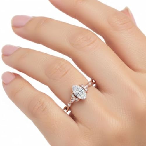 Image of 55Carat Choose Your Gemstone 14k Rose Gold Plated Marquise Shape Petite Engagement Ring Everyday Wedding Jewelry Handmade Gifts for Wife Celtic Knot Split Diamond CZ Birthstone Ring : US Size 4 to 12