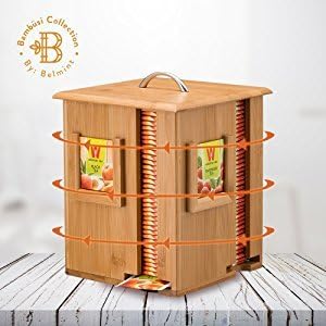 Tea Bag Caddy Organizer - Smooth Finish Solid Bamboo Teabag Holder with 4 Compartments - Rotates 360 Degrees, Holds 160 Tea Bags