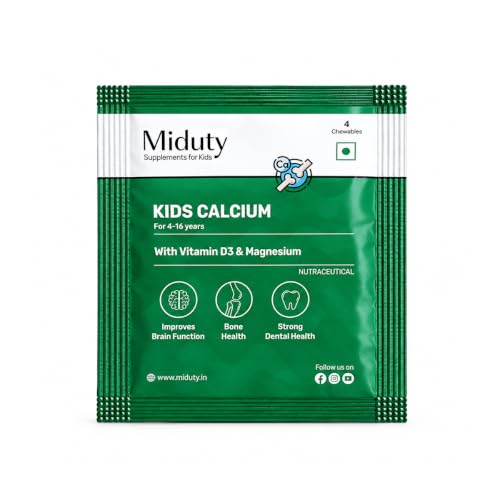 Image of Miduty Kids Calcium - Vitamin D3, K2 & Magnesium - Chewables - Strong Bones & Teeth - Mint-Flavored, Sugar-Free Calcium Supplement for Active & Picky Eaters - 4 Chewables