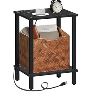 TUTOTAK End Table with Charging Station, Side Table with USB Ports and Outlets, Nightstand, 2-Tier Storage Shelf, Sofa Table for Small Space TB01BMK040