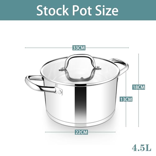 Herogo 4.5L Stock Pot, Stainless Steel Soup Pot with Clear Visible Lid, 22cm Induction Stockpot for Soup, Tri-Ply Bottom for All Stoves, Heavy Duty For Stewing/Cooking, U-shaped Handle, Silver - Image 3