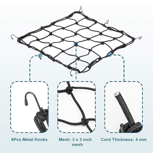Image of Bike Cargo Net 15 inchx15 inch (Expands 30 inchx30 inch) | Elastic Bungee Net with 6 Hooks for Helmet, Seat & Luggage - Black, 1pc