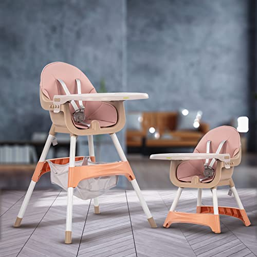 Image of Baybee 2 in 1 Manta Baby High Chair for Kids, Baby Chair with 2 Height Adjustable, Baby Feeding Chair with Tray, Safety Belt & Basket, Kids High Chair for Baby 6 Months to 4 Years Boys Girls (Pink)