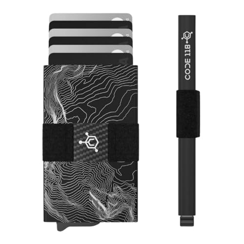 Image of CODE 118 Wallet for Men - Slim Minimalist Aluminum Smart Wallet with RFID Blocking - Compact cash and Credit card holder with Pop Up Ejector (Classic, Topographic Black)