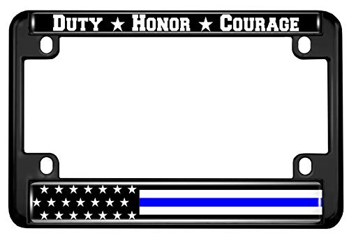 Motorcycle Metal License Plate Frame With Duty Honor Courage Thin Blue Line (Stripe) Usa Flag Design - Black #TOP2