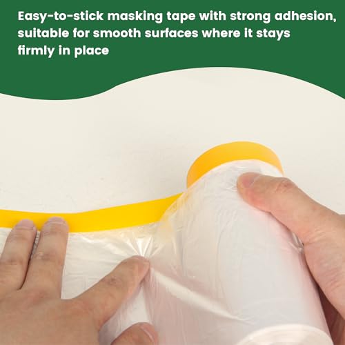 Image of Voomey Pre-Taped Masking Film, Painters Tape with Plastic Attached, Automotive Painters Tape and Drape for Appliances, Furniture, Wood Surfaces & DIY Projects - 1ft x 82ft