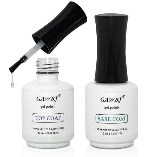 GAWRJ Gel Base Coat and Top Coat Set No Wipe, 2 Pack Soak Off UV LED Long Lasting Anti Yellowing Nail Gel Kit Compatible All Brands, 15ml Each Home Salon DIY