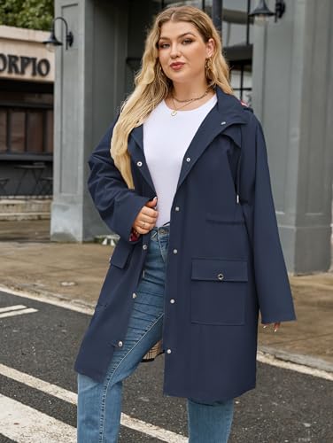 Kikibell Plus Size Rain Jackets for Women Raincoats Waterproof Windbreaker Jacket Hooded Outdoors Trench Coat with Pockets3