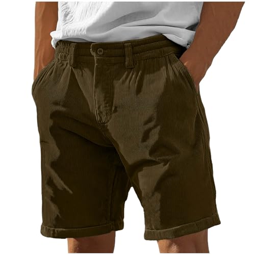 Image of Mens Corduroy Shorts Casual Elastic Waist Button Summer Beach Shorts Lightweight Comfy Short for Men with Pockets