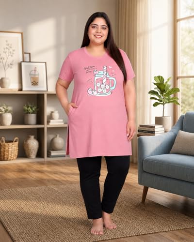 Image of In Love Women Cotton Regular Fit Plus Size Long-Line Chest Print T-Shirt with Pocket