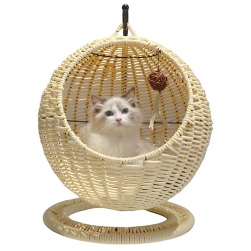 猫 ハンモック 籐猫ケージ、猫 ベッド 、猫 ハウス 天然素材製、半密閉型、小型家庭用猫の巣、ハンモック、ペットベッド、ハンギングバスケット、猫ちぐら 室内&屋外用 ハンドメイド 枝編み細工の猫用ベッド 取り外し可能なクッションとハンギングボール付き (ベ