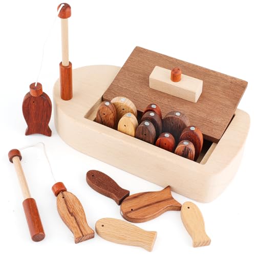 FlyCreat 木製 魚釣り おもちゃ - 魚釣りゲーム 木の玩具 純木製 積み木 無塗装 知育玩具 マグネット式釣りゲーム 木製パズル 釣り竿 男の子 女の子お誕生日 プレゼント 玩具収納