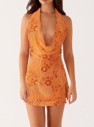 Image of Women Halter Low Neck Mini Dress Sexy Cutout Sleeveless Boho Short Dresses Open Back Night Party Going Out Sundress