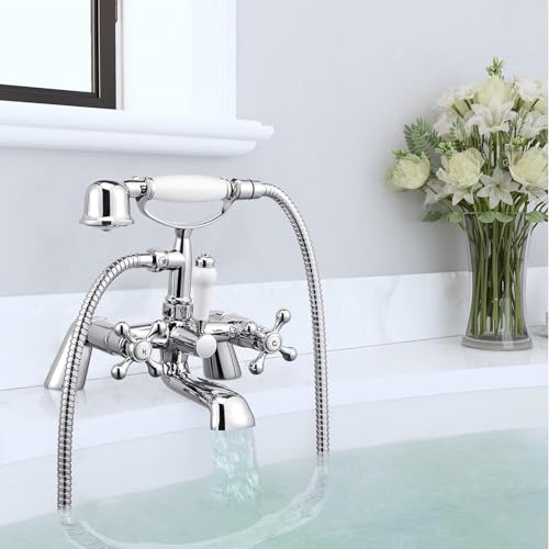 Wasserrhythm Bath Mixer Taps with Shower Attachment Victorian Traditional Telephone Bathroom Bathtub Filler Tap Deck Mounted Cross Dual Handle Handhled Shower