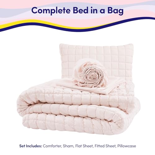 Image of Kids Twin Size Bed in a Bag Tufted Comforter & Sheet Set - Complete Bedding Set with Corner Strap Fitted Sheet, Ultra Soft Lightweight All Season Comforter, Girls Bedroom, Dorm, Guest Room