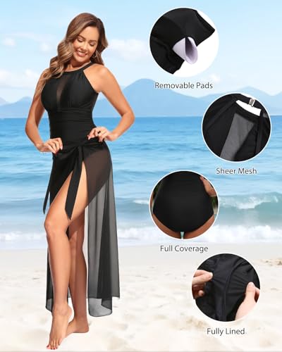Image of Tempt Me Women One Piece Swimsuit Tummy Control Bathing Suit | High neck, Removable cups, Full coverage, Ruched, Mesh, Full lining