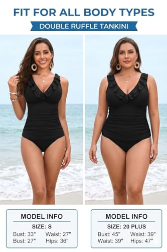 Image of Yonique Womens Two Piece Swimsuits - Ruffle Flounce Tankini Tummy Control Bathing Suits V Neck Swimwear
