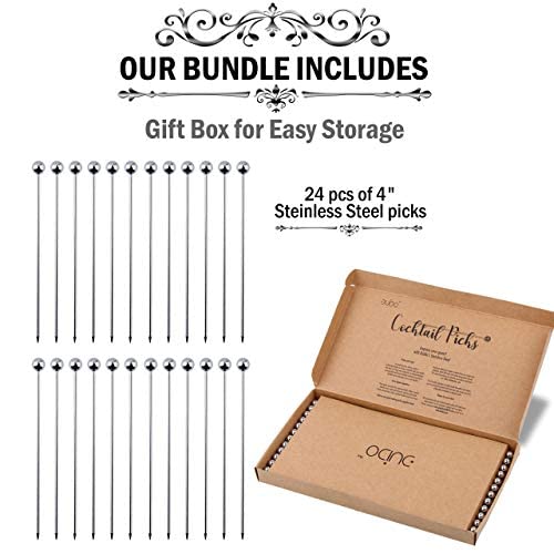 Premium Stainless Steel Cocktail Picks - 24 Pack / 4 Inch - Cocktail Skewers For Drinks #TOP4