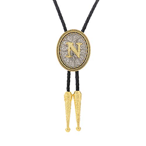 Photo de HOEACXY Cravate bolo initiale pour homme en cuir - Cravate de cowboy - Lettre de A à Z - Accessoires de bola - Cadeau personnalisé pour...