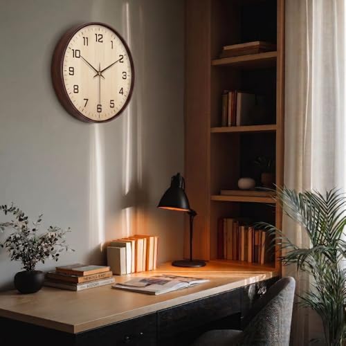 Image of ginoya brothers 12 Inch Silent Non-Ticking Silent Wall Clock, Modern Round Analog & Digital Display (Temp /Calendar) Decorative Clock, Easy to Read for Home, Living Room, Office (Cream-Brown Analog)