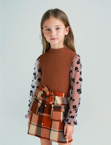 Image of Toddler Girl Clothes Girls Outfits Flare-lace Sleeve Top and Plaid Skirt Dress Fall Winter 2Pcs Girls Clothes 5-12T
