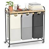 BambooHomie Laundry Hampers 3 Section, Laundry Sorter with Removable Shelf and Pull-Out Bags, Rolling Cart Clothes Hampers Basket with Wheels for Laundry Room Bathroom, 3 x 45 L (Black Beige Gray)