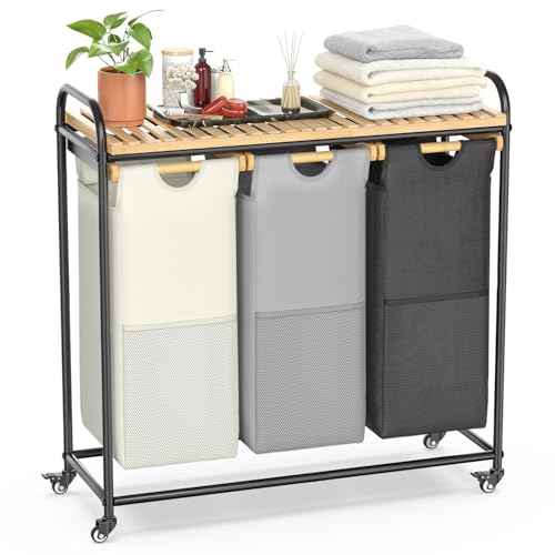 BambooHomie Laundry Hampers 3 Section, Laundry Sorter with Removable Shelf