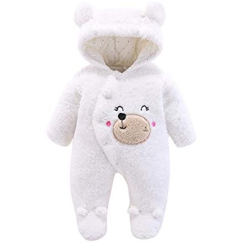 Eurobuy Newborn Cartoon Bear Snowsuit, Baby Infant Winter Thick Snowsuit Coat Footed Romper Front Snaps Warm Jumpsuit for Baby Girl Boy White Cover