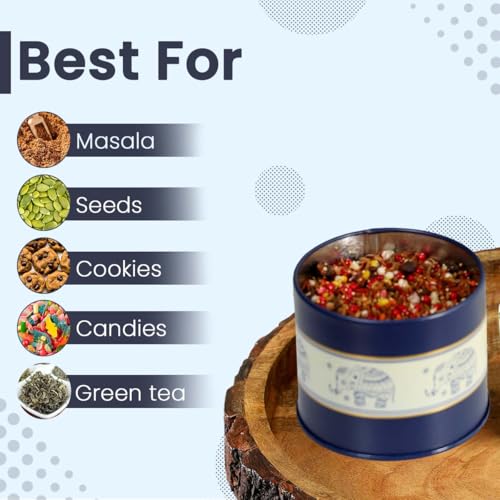 Image of Mandala Collection Airtight Kitchen Container Set| 450ML- Set of 2| Food Grade Metal Jars for Masala, Seeds, Cookies & Dry Storage| Vacuum Lid, Rust Resistant| Blue Elephant Canisters