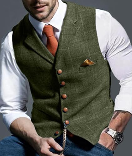 Vests For Men Tweed Wool Waistcoat Vintage V Neck Vests Single Breasted Slim Fit Groomsmen Waistcoats2