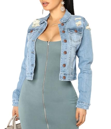 BessCops Denim Jacket for Women Spring Long Sleeve Classic Distressed