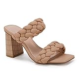 Syktkmx Womens Braided Heels Sandals Chunky Block Heel Double Strap Summer Dressy Sandal, Khaki, Size 8