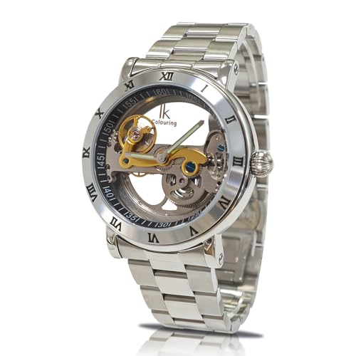 Gute Men's Watches, Mechanical Automatic Self-Winding Waterproof Watch, Luxury See Through Hollow-Out Minimalist Transparent Steampunk Roman Numerals Silver Case Wrist Watch