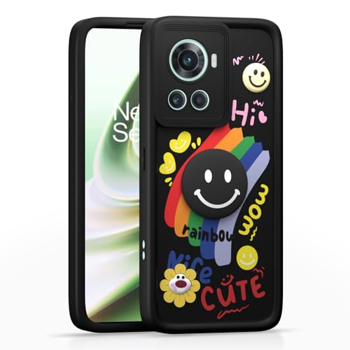 Image of Pikkme Back Cover for OnePlus 10R 5G | Soft Silicone| Cute Rainbow Smile & 3D Cartoon Flower Design | Shockproof Raised Camera Protection Bumper Case (Black)
