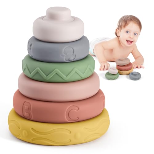 BOBXIN Baby Stacking & Nesting Rings Toy, 6pcs Soft Silicone Circle Building Stacker,Squeeze Play with Letter,Animal and Graphic,Toddler Sensory Learning Montessori Toys for Babies 6 Months+