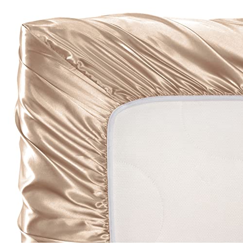 Image of SiinvdaBZX Satin Mini Crib Sheets 38 x 24In, Beige | Silk-Like Soft Mini Portable Crib Sheets Mattress Cover Portable Playard Sheets with 5In Deep Pocket, Great for Baby Hair