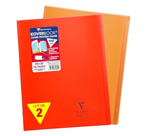 Clairefontaine 981604AMZC Un lot de 2 Cahiers Agrafés Koverbook - 24x32 cm - 96 Pages Petits Carreaux avec Marge 90 g - Couverture Polypro - Couleurs assorties (Rouge et Orange)