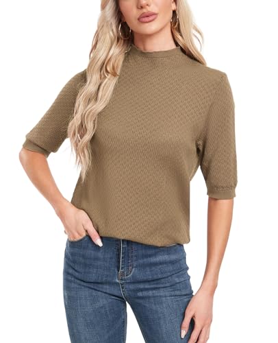 Image of MINTLIMIT Womens Turtleneck Sweaters Short Sleeve 2024 Fall Winter Casual Texture Shirt Blouse Knit Pullover Sweater