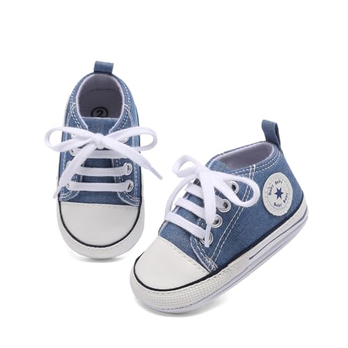 Image of Unisex Baby Girls Boys Canvas High-top Shoes, Newborn Infant Anti-Slip Soft Sole Frist Walking Breathable Sneakers