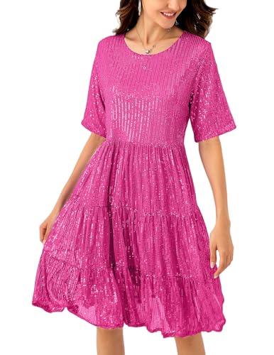 Image of Sequin Babydoll Summer Dress,Sparkly Glitter Dress Short Flowy Tiered Tunic Dress for Women Party Club Night